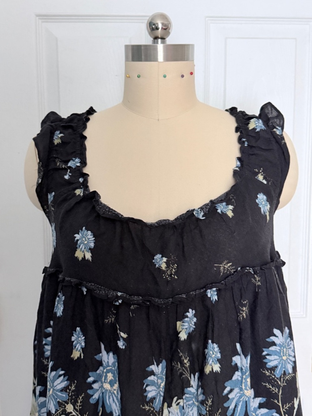 Free People Black and Blue Floral Mini Dress with Ruffles - Picture 9 of 16